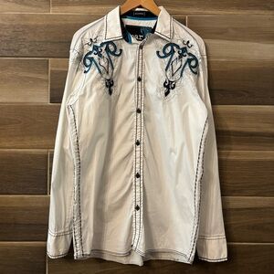 Vintage Roar Y2K Tribal Cross White Button Up Shirt L/S Medium 2000s Chrome
